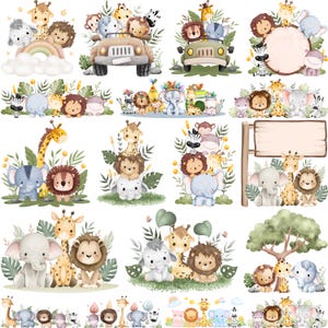 サファリ動物の水彩画クリップアート、サファリ動物のpng、ベビーシャワーのsvg、サファリ動物のアウトラインのsvg、ベビーシャワーのeps、かわいい動物のpng
