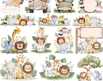 Safari animals watercolor clipart, Safari animals png, baby shower svg, safari animals outline svg, baby showerjpg, cute animals png