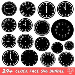 May include: A collection of black and white clock faces in various styles. Some have Roman numerals, others Arabic numerals, and some are blank. The image includes the text "29+ CLOCK FACE SVG BUNDLE".