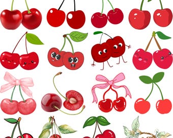 Cherry Svg, Cherry Clipart, Cherry Cut File, Fruit Svg, Cute Coquette Cherries with Bow SVG, Summer Fruits Vector, fruits Silhouette,