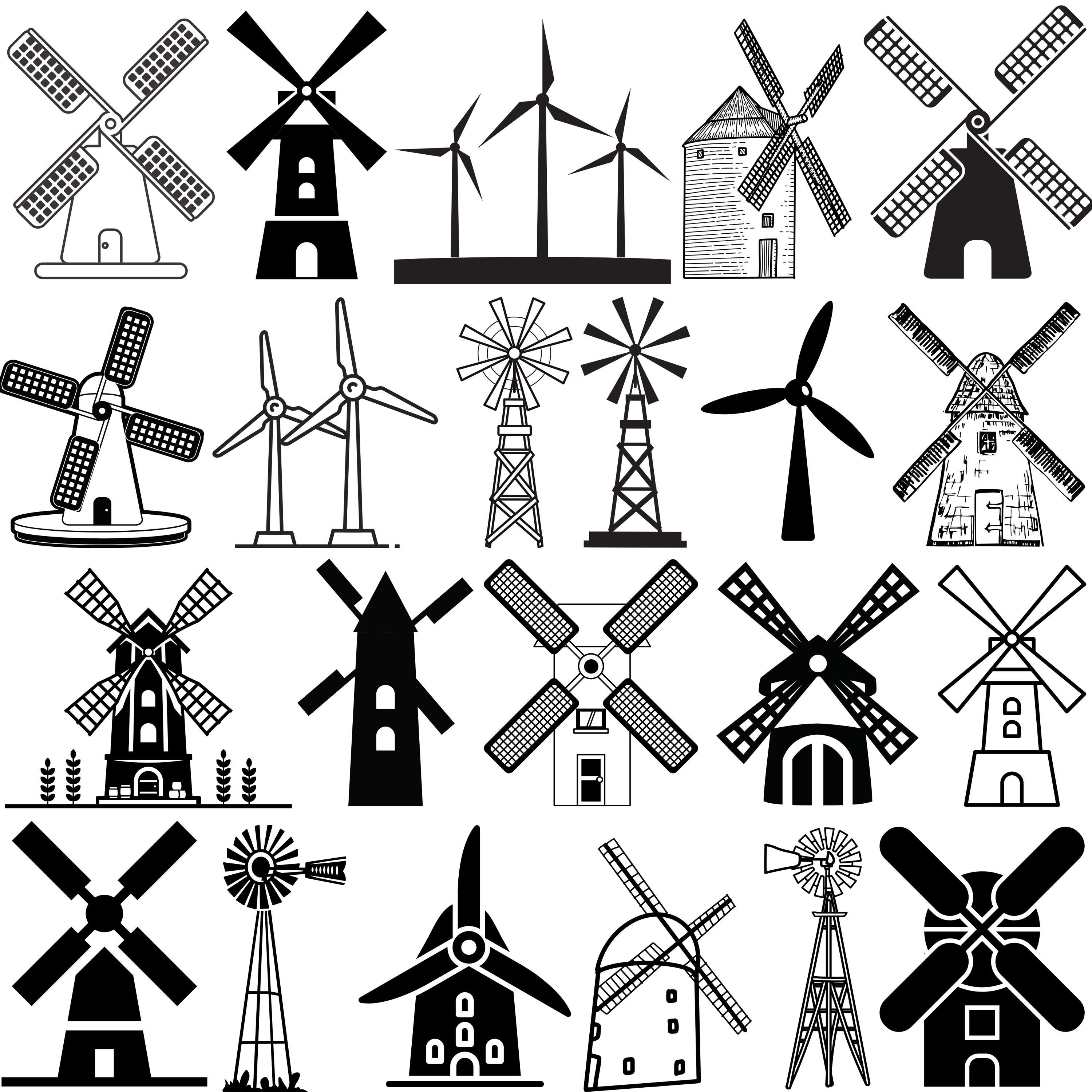 Windmühle SVG-Bundle, Windmühle Vektor, Windmühle Umriss, Windmühle Clipart, moderne Windmühle svg, Windkraftanlage, Farm Windmühle svg