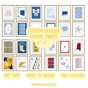 May include: A collection of twenty-four rectangular digital prints featuring various college-themed designs, including state maps, cowboy boots, stars, stripes, and text such as 'meet me in fairfield', 'mountaineers', and 'custom college digital prints set of 3'.
