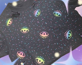 Distressed Black Crop Top, Cosmic Evil Eye Celestial Confetti Tee