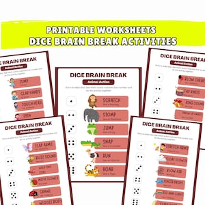 Op de afbeelding: Afdrukbare werkbladen getiteld "Dice Brain Break Activities" met verschillende dierlijke actie-aanwijzingen. Elk werkblad bevat dobbelsteenafbeeldingen en bijbehorende acties zoals "Springen", "Klap in de handen" en "Krassen", ontworpen voor interactief leren.