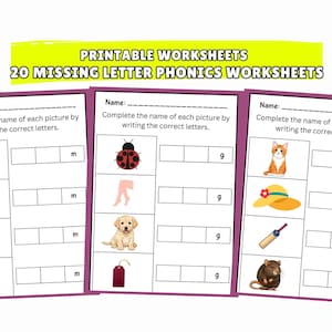 Puede incluir: Hojas de trabajo imprimibles con el texto "PRINTABLE WORKSHEETS 20 MISSING LETTER PHONICS WORKSHEETS". Las hojas de trabajo tienen imágenes de un tarro de mermelada, un trozo de jamón, un edificio, una oveja, una mariquita, una pierna, un cachorro, una etiqueta, un gato, un sombrero, un bate de críquet y una rata.