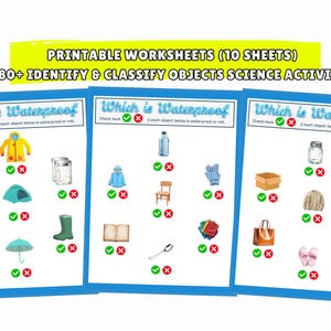 Może przedstawiać: Drukowane arkusze do zajęć z nauk przyrodniczych. Arkusze zawierają tekst "Which is Waterproof" i zawierają obrazy różnych przedmiotów do identyfikacji i klasyfikacji. Arkusze są przeznaczone do celów edukacyjnych.
