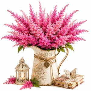 Puede incluir: Una jarra de metal color crema llena de flores de astilbe rosa vibrante, acentuada con un lazo de cuerda de yute y un dije de corazón. Al lado hay una pequeña linterna de metal con una vela encendida, una pila de libros y una mariposa de metal.