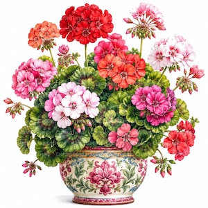 Op de afbeelding: Een levendig arrangement van veelkleurige geraniumbloemen in tinten rood, roze, oranje en wit, met groene geschulpte bladeren. De bloemen staan in een ronde, crèmekleurige keramische pot versierd met ingewikkelde bloemmotieven.