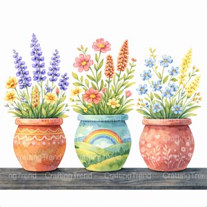 May include: Watercolor illustration of three flower pots with colorful blooms. The pots are orange, blue, and pink, each with a unique design. The flowers include lavender, pink, and yellow blossoms, creating a vibrant and cheerful display.