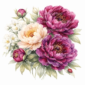 May include: Watercolor illustration of a floral bouquet featuring large, deep magenta peonies, creamy yellow flowers, and white blossoms. Green leaves and a ladybug accent the arrangement. The text "Crafting Trend" is repeated throughout the image.