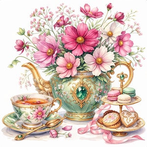 Può includere: Illustrazione ad acquerello di un set da tè con una teiera piena di fiori rosa e bianchi. Una tazza e un piattino, un cucchiaio e un vassoio a più livelli con biscotti e macarons completano la scena. La teiera e la tazza sono decorate con motivi floreali.