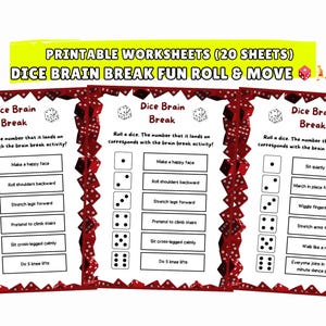 以下が含まれることがあります： 「Dice Brain Break Fun Roll & Move」と題された印刷可能なワークシート。各シートにはサイコロのグラフィックと、「嬉しい顔をする」や「10秒間その場で足踏みをする」などの対応するアクティビティが記載されています。ワークシートは赤いサイコロのパターンで縁取られています。