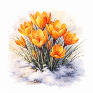 Peut inclure: Peinture à l'aquarelle d'un bouquet de crocus orange vif avec des tiges et des feuilles vertes émergeant d'un sol enneigé. Les fleurs ont un aspect délicat et détaillé, avec un effet aquarelle doux.
