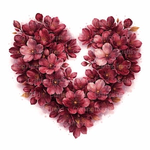 Puede incluir: Un arreglo floral en forma de corazón compuesto por flores de color burdeos y rosa. Las flores están densamente empaquetadas, creando una apariencia completa y texturizada. El diseño está sobre un fondo blanco con sutiles acentos de estilo acuarela. El texto "Crafting Trend" es visible.