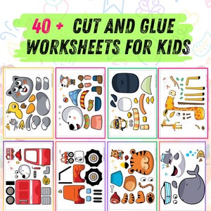 Puede incluir: Hojas de trabajo de cortar y pegar para niños, con diseños de animales y objetos. La imagen muestra ocho hojas de trabajo diferentes con ilustraciones de un gato, un muñeco de nieve, un pingüino, una jirafa, un camión, un tractor, un tigre y una ballena. El texto dice "40+ Cut and Glue Worksheets for Kids."