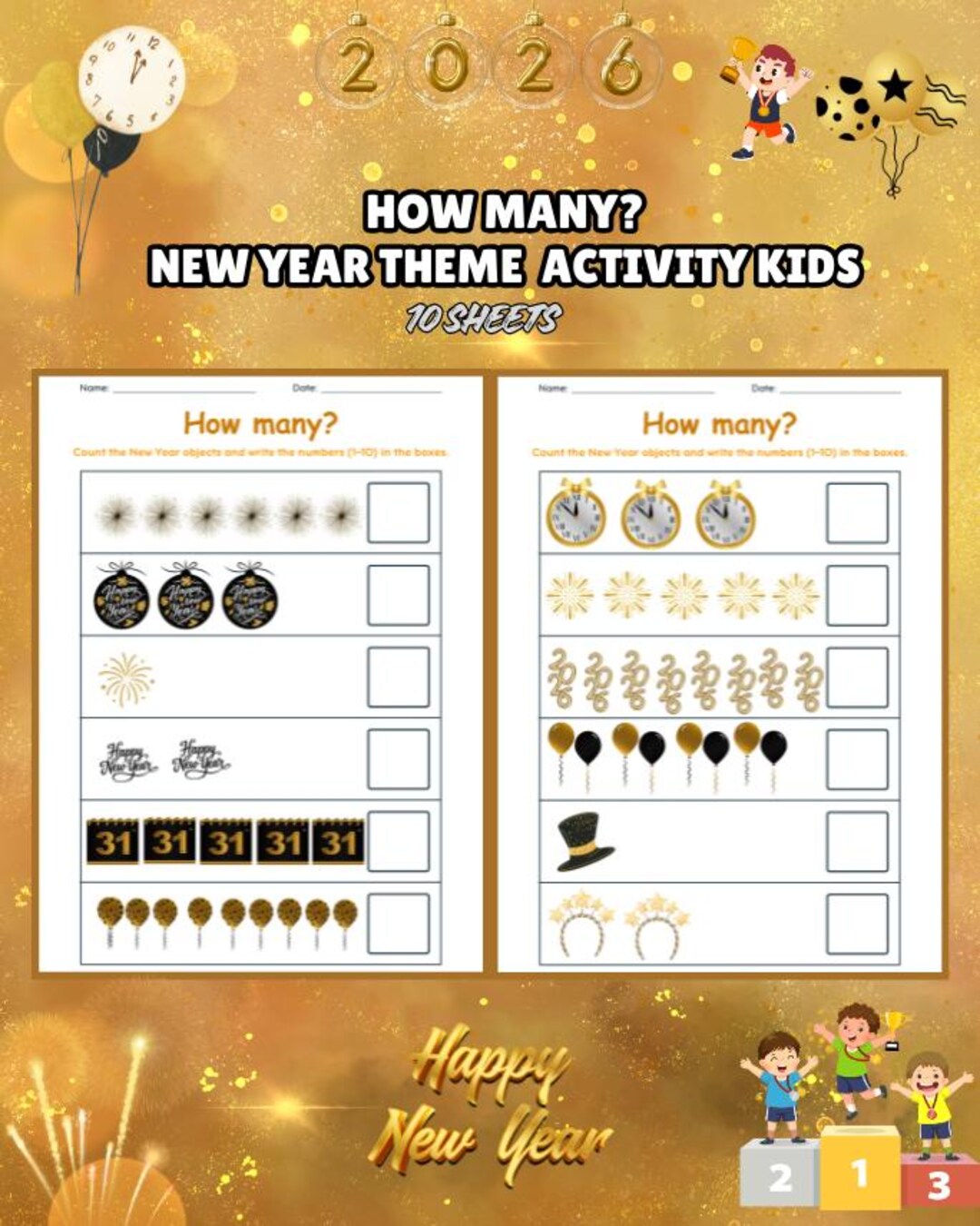 How Many Counting Worksheets | New Year Math Activity for Kids | Count ...