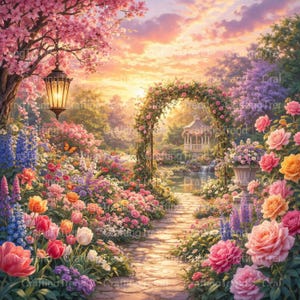 Può includere: Un dipinto colorato di un giardino con un sentiero fiancheggiato da fiori rosa, viola, arancioni e gialli. Un arco di rose conduce a un gazebo. Una lanterna è appesa a un albero in fiore sotto un cielo al tramonto.