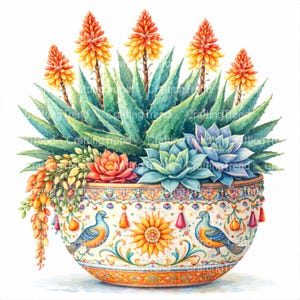 May include: A watercolour illustration of a decorative ceramic pot filled with aloe vera plants, succulents, and orange and yellow flowers. The pot features a detailed pattern of birds, flowers, and tassels. The image has the text "Crafting Trend" in the background.