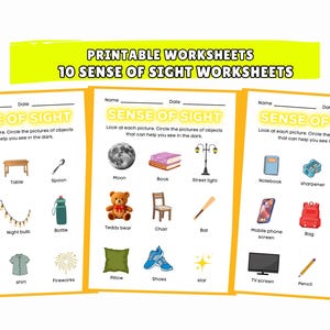 May include: Educational printable worksheets for children. The worksheets are titled "10 Sense of Sight Worksheets" and feature various objects like a cup, table, spoon, ball, night bulb, bottle, cap, shirt, and fireworks.