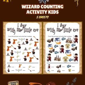 May include: A brown educational activity sheet for children with the text "WIZARD COUNTING ACTIVITY KIDS". The sheet features illustrations of wizards, brooms, and other magical items. The text "I spy with my little eye" is also present.