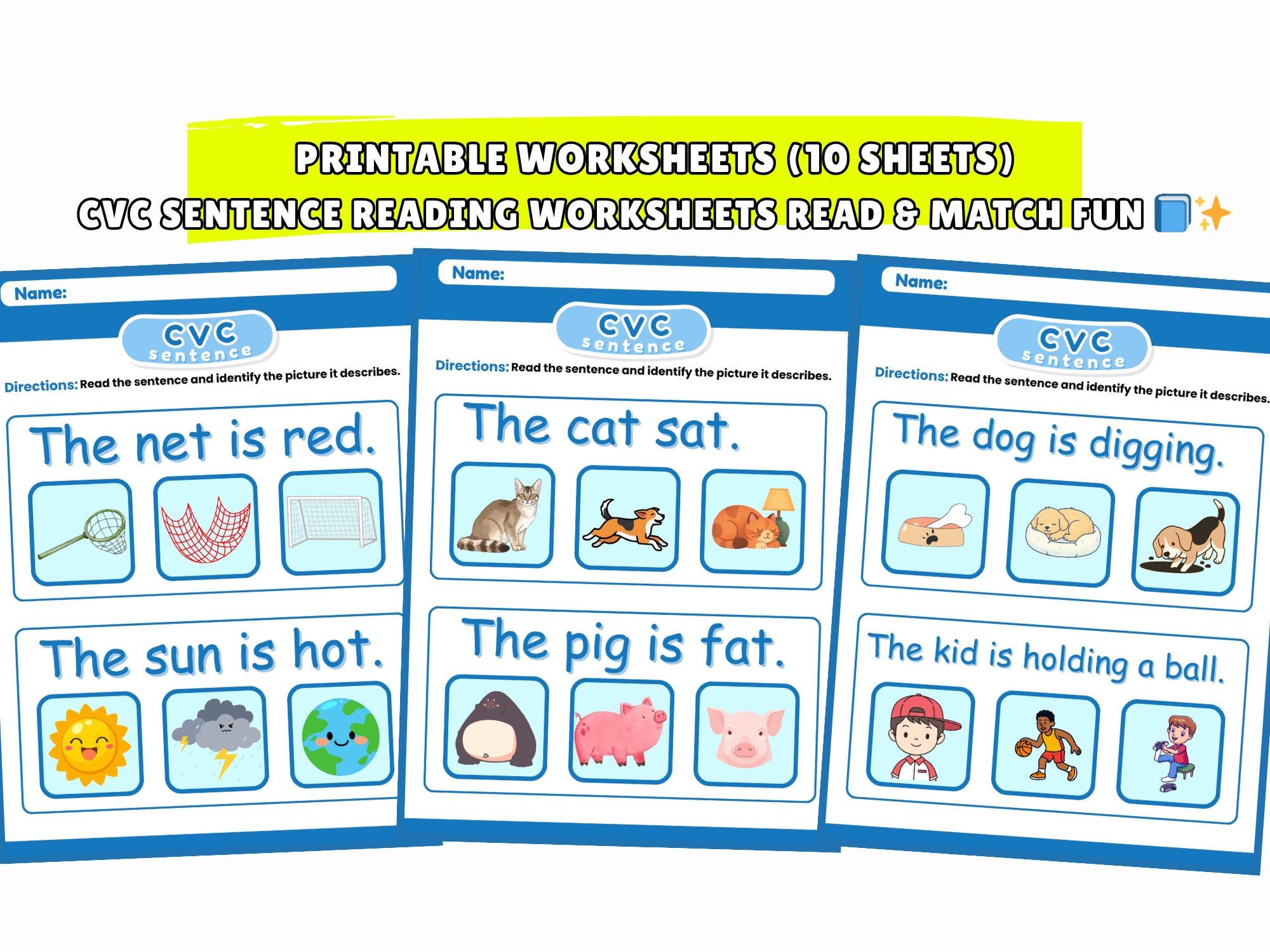 Printable CVC Sentence Reading Worksheets | 20 Read and Match Picture ...