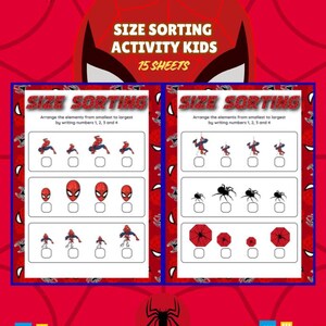 May include: Educational activity sheets for kids featuring Spider-Man themes. The sheets are red and blue with the text "SIZE SORTING ACTIVITY KIDS 15 SHEETS". The sheets include images of Spider-Man, spiders, and umbrellas for size sorting.
