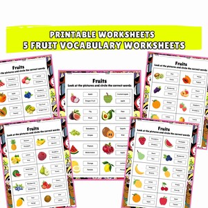 May include: A collection of five printable fruit vocabulary worksheets. Each worksheet features fruit pictures with corresponding word choices. The title bar reads "PRINTABLE WORKSHEETS 5 FRUIT VOCABULARY WORKSHEETS".