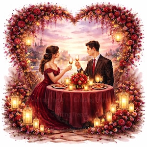 Può includere: Illustrazione digitale romantica di una coppia che brinda con champagne a cena. La scena è incorniciata da un arco floreale a forma di cuore e lanterne. La donna indossa un abito rosso, l'uomo un completo con cravatta rossa.