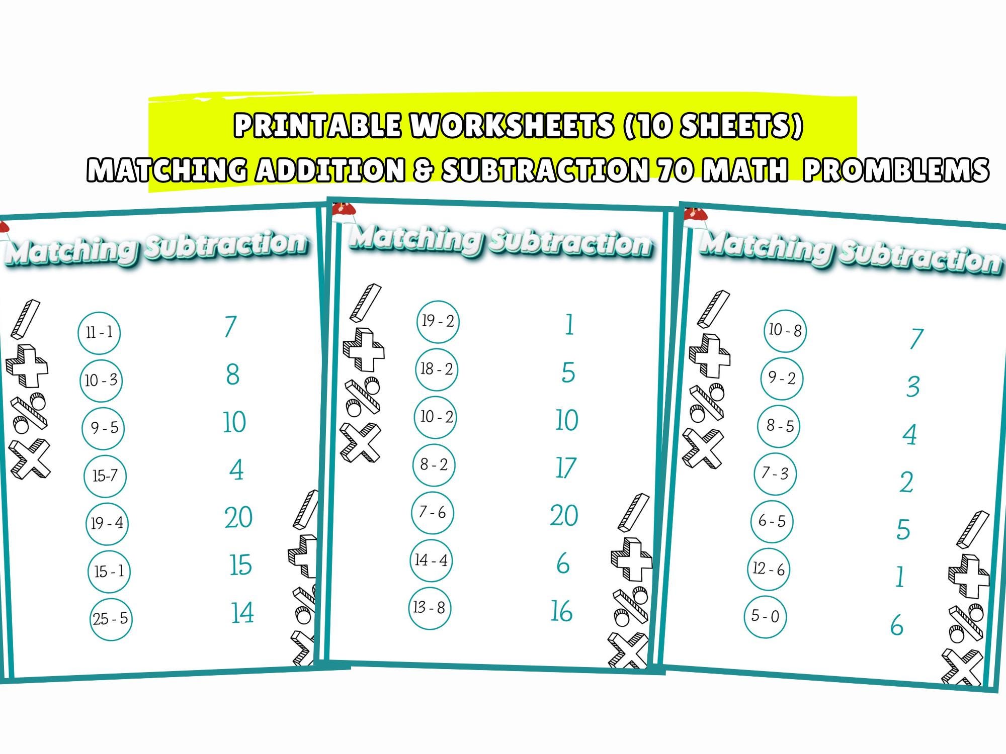 Printable Math Worksheets: Matching Addition & Subtraction Activities ...