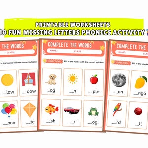 Puede incluir: Hojas de trabajo imprimibles para una actividad de fonética. Tres hojas de trabajo con bordes naranjas, con el texto "Completa las palabras" e ilustraciones de un tigre, sol, ventana, perro, manzana, luna, mango, gato, vaso, globos, cometa, pez, coche, rana, loro, pelota y flor.