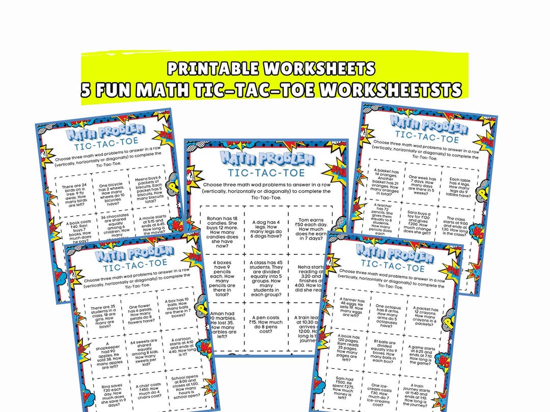 Printable Math Problem Tic Tac Toe Worksheets | 5 Fun Word Problem Game ...