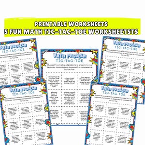 Puede incluir: Una colección de cinco hojas de trabajo de matemáticas imprimibles con el tema del tic-tac-toe. Cada hoja de trabajo presenta problemas de matemáticas para resolver, con un borde azul y amarillo. El título "Printable Worksheets" está en la parte superior.