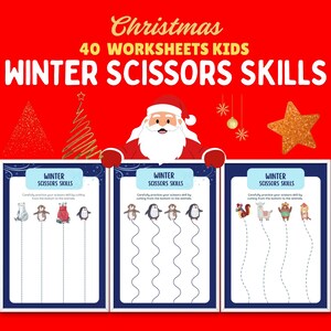 Könnte beinhalten: Ein weihnachtliches Arbeitsblatt-Set für Kinder. Der Titel lautet "Winter Scissors Skills" mit Illustrationen von Tieren. Der Weihnachtsmann und ein goldener Stern sind ebenfalls abgebildet. Zum Üben der Scherenfähigkeiten.