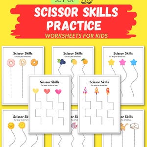 May include: A collection of ten scissor skills practice worksheets for children. Each worksheet presents a different image, like a doughnut, star, or rocket, with dotted lines for cutting practice. The text "Scissor Skills" is displayed on each page.