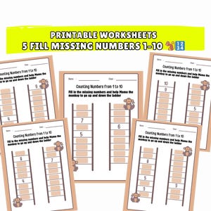May include: Printable worksheets for kids to fill in missing numbers from 1 to 10. Each worksheet features a ladder graphic with missing numbers and a monkey illustration. The text reads "Counting Numbers from 1 to 10".