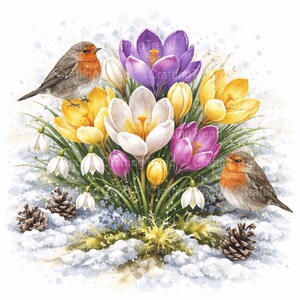 Peut inclure: Illustration à l'aquarelle d'une scène printanière avec des fleurs de crocus colorées en jaune, violet, blanc et rose. Deux rouges-gorges se perchent près des fleurs, avec des perce-neige et des pommes de pin au premier plan. L'image a un style doux et artistique.