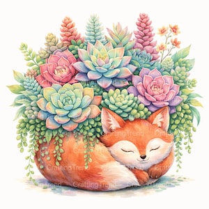 May include: A watercolour illustration depicts a sleeping fox surrounded by a colourful arrangement of succulents. The succulents are in shades of pink, blue, and green. The fox is orange with white accents, creating a whimsical design.