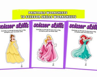 Peut inclure: Feuilles de travail imprimables pour les compétences en ciseaux avec des princesses Disney. Chaque feuille de travail a une image de princesse avec des lignes de coupe. Le texte dit : « Coupez soigneusement les lignes grises pour aider à renforcer votre motricité fine ».