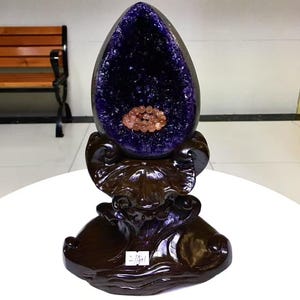 5.9LB Natural Amethyst Crystal Dinosaur egg,Amethyst Geode from Uruguay, Crystal cluster mineral specimen,Office, home decor, healing+Stand