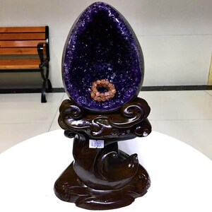 8.14LB Natural Amethyst Crystal Dinosaur egg,Amethyst Geode from Uruguay, Crystal cluster mineral specimen,Office, home decor, healing+Stand
