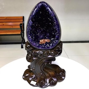 9.6LB Natural Amethyst Crystal Dinosaur egg,Amethyst Geode from Uruguay, Crystal cluster mineral specimen,Office, home decor, healing+Stand