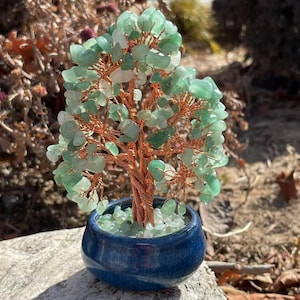 Könnte beinhalten: Ein grüner Kristallbaum aus Draht, der in einem blauen Keramiktopf steht. Der Baum besteht aus Kupferdraht und grünen Kristallen. Der Topf ist blau mit einem weißen Rand.
