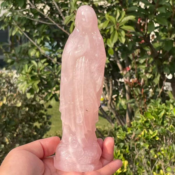 Hand-Carved Pink rose quartz crystal Virgin Mary, Home Decor (7")