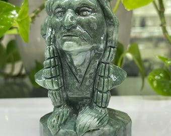 Hand-Carved Lushan Jade Indian Chief Skull, 3" Gemstone Decor