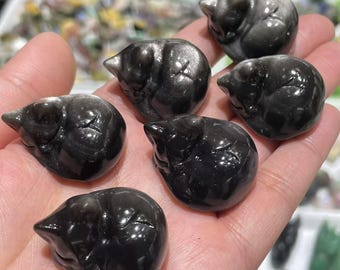 Hand Carved Obsidian Sleeping Cat, Natural Crystal Quartz