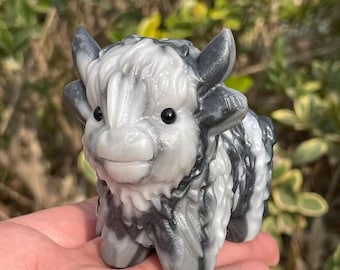 3" Hand-Carved Tai Chi Stone Quartz crystal Highland Cow, Gemstone Decor