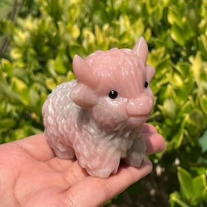 3&quot; Natural pink opal quartz Crystal , hand-carved Highland Cow, home decor, gemstone, Holiday gift,birthday gift,Reiki healing crystal