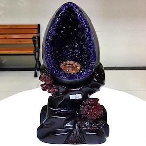 5.7LB Natural Amethyst Crystal Dinosaur egg,Amethyst Geode from Uruguay, Crystal cluster mineral specimen,Office, home decor, healing+Stand