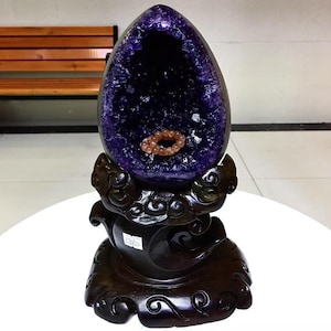 8.4LB Natural Amethyst Crystal Dinosaur egg,Amethyst Geode from Uruguay, Crystal cluster mineral specimen,Office, home decor, healing+Stand