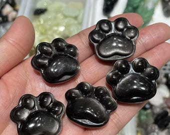 Hand Carved Silver Obsidian Cat Paw, Healing Crystal (30mm)